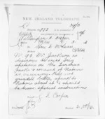 1 page written 6 Mar 1872 by George Sisson Cooper in Wellington to Sir Donald McLean, from Native Minister and Minister of Colonial Defence - Inward telegrams