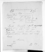1 page written 18 Mar 1872 by John Gibson Kinross to Sir Donald McLean in Dunedin City, from Native Minister and Minister of Colonial Defence - Inward telegrams