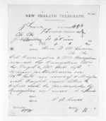 1 page written 4 Mar 1872 by Thomas William Lewis to Sir Donald McLean, from Native Minister and Minister of Colonial Defence - Inward telegrams