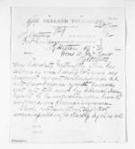 4 pages written 19 Mar 1872 by William Gisborne to Sir Donald McLean in Lyttelton, from Native Minister and Minister of Colonial Defence - Inward telegrams