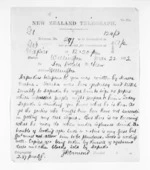 1 page written 22 Mar 1872 by John Davies Ormond in Napier City to Sir Donald McLean in Wellington, from Native Minister and Minister of Colonial Defence - Inward telegrams