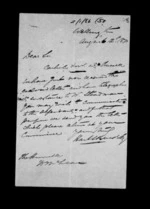 1 page written 12 Aug 1870 by Robert Hart in Wellington to Sir Donald McLean, from Inward family correspondence - Robert Hart (brother-in-law)