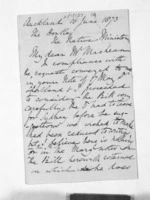 2 pages written 16 Jun 1873 by Sir William Martin in Auckland Region, from Inward letters - Sir William Martin