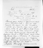 2 pages written 12 Mar 1872 by John Davies Ormond in Napier City to Sir Donald McLean in Dunedin City, from Native Minister and Minister of Colonial Defence - Inward telegrams