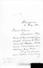 2 pages written 2 May 1860 by Sir Donald McLean in  to Kawhia, from Secretary, Native Department - War in Taranaki and Waikato and  King Movement
