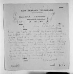 1 page written 15 Oct 1870 by John Davies Ormond in Napier City to Sir Donald McLean in Wellington, from Native Minister and Minister of Colonial Defence - Inward telegrams