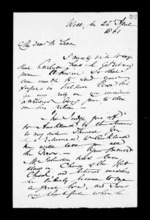 2 pages written 22 Apr 1861 by Robert Roger Strang in Wellington to Sir Donald McLean, from Family correspondence - Robert Strang (father-in-law)