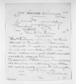 1 page written 19 Mar 1872 by William Gisborne to Sir Donald McLean in Lyttelton, from Native Minister and Minister of Colonial Defence - Inward telegrams