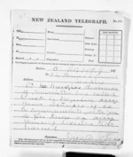 1 page written 9 Oct 1871 by Sir Donald McLean to John Davies Ormond in Napier City, from Native Minister and Minister of Colonial Defence - Inward telegrams