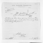 1 page to Sir Donald McLean, from Native Minister and Minister of Colonial Defence - Inward telegrams