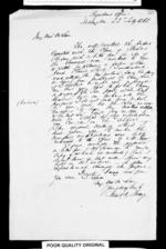 1 page written 22 Feb 1862 by Robert Roger Strang in Wellington to Sir Donald McLean, from Family correspondence - Robert Strang (father-in-law)