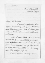 3 pages written 12 Nov 1875 by F C Rowan in New Plymouth to Sir Donald McLean in Wellington, from Inward letters - Surnames, Rou - Rus
