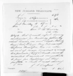 1 page written 7 Mar 1872 by George Sisson Cooper to Sir Donald McLean, from Native Minister and Minister of Colonial Defence - Inward telegrams