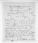 1 page written 9 Mar 1872 by George Sisson Cooper in Wellington to Sir Donald McLean, from Native Minister and Minister of Colonial Defence - Inward telegrams
