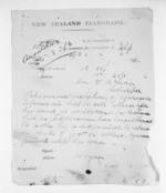 1 page written 25 Mar 1872 by G Worgan in Wanganui to Sir Donald McLean in Wellington, from Native Minister and Minister of Colonial Defence - Inward telegrams