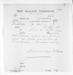 1 page to Sir Donald McLean in , from Native Minister and Minister of Colonial Defence - Inward telegrams