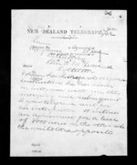 2 pages written   1872 by Sir William Fitzherbert in Wanganui to Sir Donald McLean in Lyttelton, from Native Minister - Inward telegrams