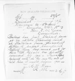 1 page written 15 Mar 1872 by Richard Watson Woon in Wanganui to Sir Donald McLean in Dunedin City, from Native Minister and Minister of Colonial Defence - Inward telegrams