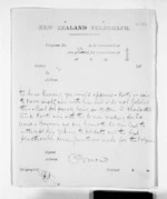 1 page written by John Davies Ormond, from Native Minister and Minister of Colonial Defence - Inward telegrams