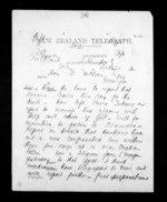 2 pages written 21 Dec 1872 by Henry Tacy Kemp in Auckland City to Sir Donald McLean in Wellington, from Native Minister - Inward telegrams