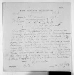 1 page written 28 Oct 1870 by John Davies Ormond in Napier City to Sir Donald McLean in Wellington, from Native Minister and Minister of Colonial Defence - Inward telegrams