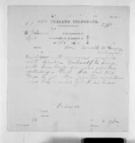 2 pages written   1870 by John Gibson Kinross to Sir Donald McLean in Wellington City, from Native Minister and Minister of Colonial Defence - Inward telegrams