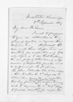 3 pages written 8 Sep 1869 by John Valentine Smith in Masterton to Sir Donald McLean in Wellington, from Inward letters - Surnames, Smith