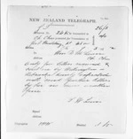 1 page written 7 Mar 1872 by Thomas William Lewis to Sir Donald McLean, from Native Minister and Minister of Colonial Defence - Inward telegrams