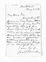 2 pages written 5 May 1870 by Gerald Loftus Peacocke in Auckland Region to Sir Donald McLean, from Inward letters - Surnames, Pas - Pea