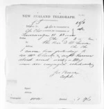1 page written 7 Mar 1872 by George Augustus Preece in Tauranga to Sir Donald McLean, from Native Minister and Minister of Colonial Defence - Inward telegrams
