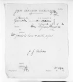 1 page written 3 Mar 1872 by Captain P G Wilson to Sir Donald McLean, from Native Minister and Minister of Colonial Defence - Inward telegrams