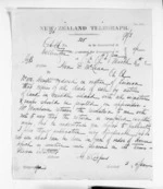 1 page written 8 Mar 1872 by George Sisson Cooper in Wellington to Sir Donald McLean, from Native Minister and Minister of Colonial Defence - Inward telegrams