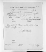 1 page written 9 Mar 1872 by Captain John Fairchild to Sir Donald McLean, from Native Minister and Minister of Colonial Defence - Inward telegrams