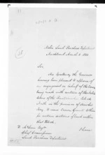 3 pages written 6 Mar 1860 by Thomas Henry Smith in Auckland City to Sir Donald McLean, from Native Land Purchase Commissioner - Papers