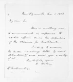 2 pages written 1 Dec 1856 by Henry Halse in New Plymouth District to Sir Donald McLean, from Inward letters - Henry Halse