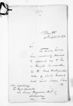 2 pages written 26 Sep 1874 by an unknown author in Wellington to Sir James Fergusson, from Inward letters - Sir James Fergusson (Governor)