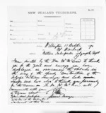 1 page written 15 Oct 1870 by an unknown author in Wellington City, from Native Minister and Minister of Colonial Defence - Inward telegrams
