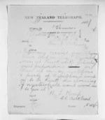 1 page written 8 Mar 1872 by Henry Tacy Kemp in Wellington to Sir Donald McLean, from Native Minister and Minister of Colonial Defence - Inward telegrams