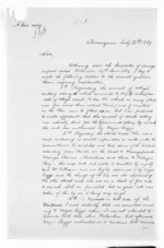 3 pages written 2 Jul 1869 by William Australia Graham in Turanganui to Samuel Locke in Napier City, from Hawke's Bay.  McLean and J D Ormond, Superintendents - Public Works.  Lands and Survey Office.  Crown Lands Office