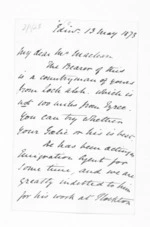 4 pages written 13 May 1873 by Rev Peter Barclay to Sir Donald McLean, from Inward letters - P Barclay