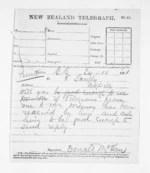 1 page written 24 Oct 1871 by Sir Donald McLean to Major Thomas Scully in Napier City, from Native Minister and Minister of Colonial Defence - Inward telegrams
