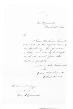 1 page written 26 Mar 1860 by Robert Reid Parris in New Plymouth District to Sir Donald McLean in New Plymouth District, from Secretary, Native Department - Administration of native affairs