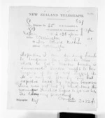 1 page written 7 Oct 1871 by John Davies Ormond in Napier City to Sir Donald McLean in Wellington, from Native Minister and Minister of Colonial Defence - Inward telegrams
