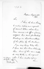 2 pages written 31 Aug 1868 by an unknown author in Napier City to Sir Donald McLean in Wellington, from Superintendent, Hawkes Bay and Government Agent, East Coast - Papers