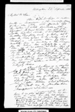 2 pages written 22 Apr 1863 by Robert Roger Strang in Wellington to Sir Donald McLean, from Family correspondence - Robert Strang (father-in-law)