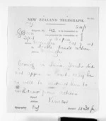 1 page written 7 Oct 1871 by John Gibson Kinross to Sir Donald McLean in Wellington, from Native Minister and Minister of Colonial Defence - Inward telegrams