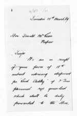2 pages written 25 Mar 1869 by W Cargill in Dunedin City to Sir Donald McLean, from Inward letters - Surnames, Cam - Car