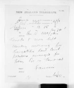 1 page written 31 Aug 1871 by George Thomas Fannin in Napier City to Sir Donald McLean, from Native Minister and Minister of Colonial Defence - Inward telegrams
