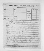 3 pages written 12 Oct 1871 by Sir Donald McLean to John Davies Ormond in Napier City, from Native Minister and Minister of Colonial Defence - Inward telegrams