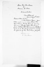 1 page written 10 Jan 1871 by Sir Donald McLean in Auckland Region, from Minister of Colonial Defence - East Coast hostilities